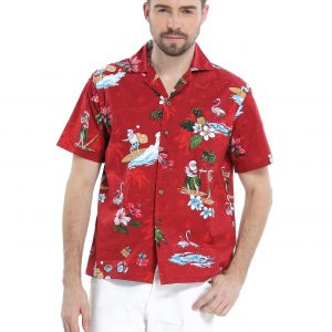 Men's Hawaiian Shirt - Polyester Christmas Santa Red Aloha Print Shirt