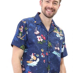 Men's Hawaiian Shirt - Polyester Christmas Santa Navy Aloha Print Shirt