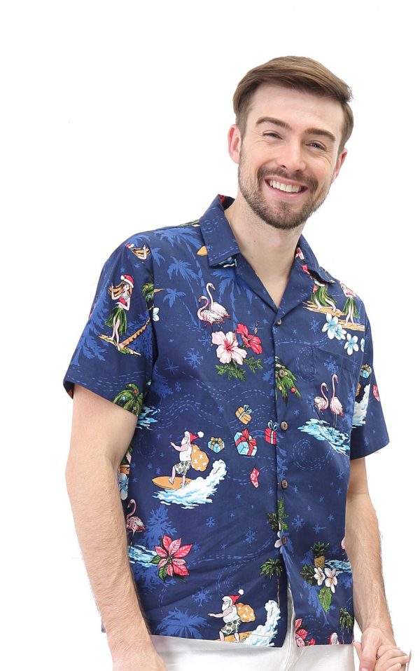 Men's Hawaiian Shirt - Polyester Christmas Santa Navy Aloha Print Shirt