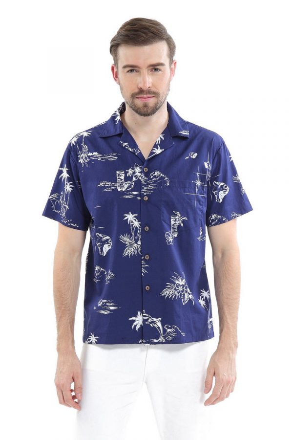 Men's Hawaiian Shirt - Polyester Classic Map Navy Aloha Print Shirt