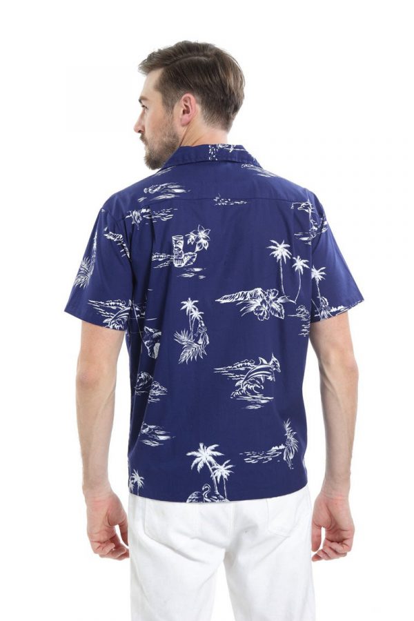 Men's Hawaiian Shirt - Polyester Classic Map Navy Aloha Print Shirt - Image 2