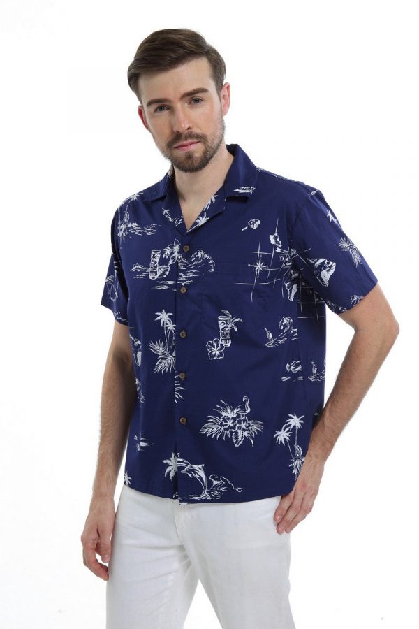 Men's Hawaiian Shirt - Polyester Classic Map Navy Aloha Print Shirt - Image 3