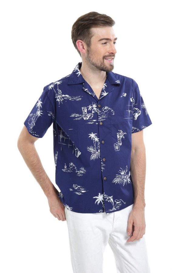 Men's Hawaiian Shirt - Polyester Classic Map Navy Aloha Print Shirt - Image 4