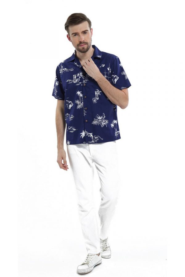 Men's Hawaiian Shirt - Polyester Classic Map Navy Aloha Print Shirt - Image 5