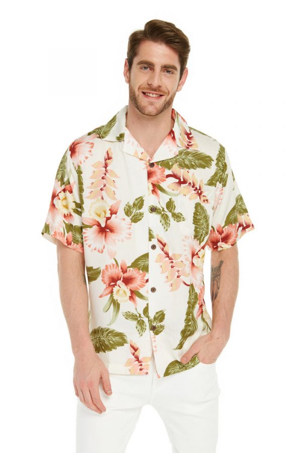 Men's Hawaiian Shirt - Polyester Rafelsia Cream Aloha Print Shirt