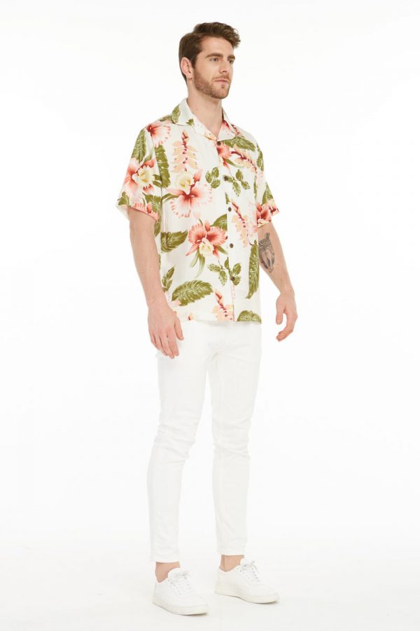 Men's Hawaiian Shirt - Polyester Rafelsia Cream Aloha Print Shirt - Image 3