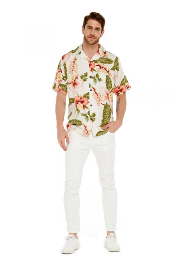 Men's Hawaiian Shirt - Polyester Rafelsia Cream Aloha Print Shirt - Image 4