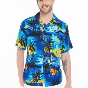 Men's Hawaiian Shirt - Polyester Sunset Blue Aloha Print Shirt