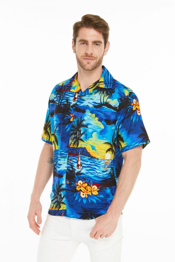 Men's Hawaiian Shirt - Polyester Sunset Blue Aloha Print Shirt - Image 4