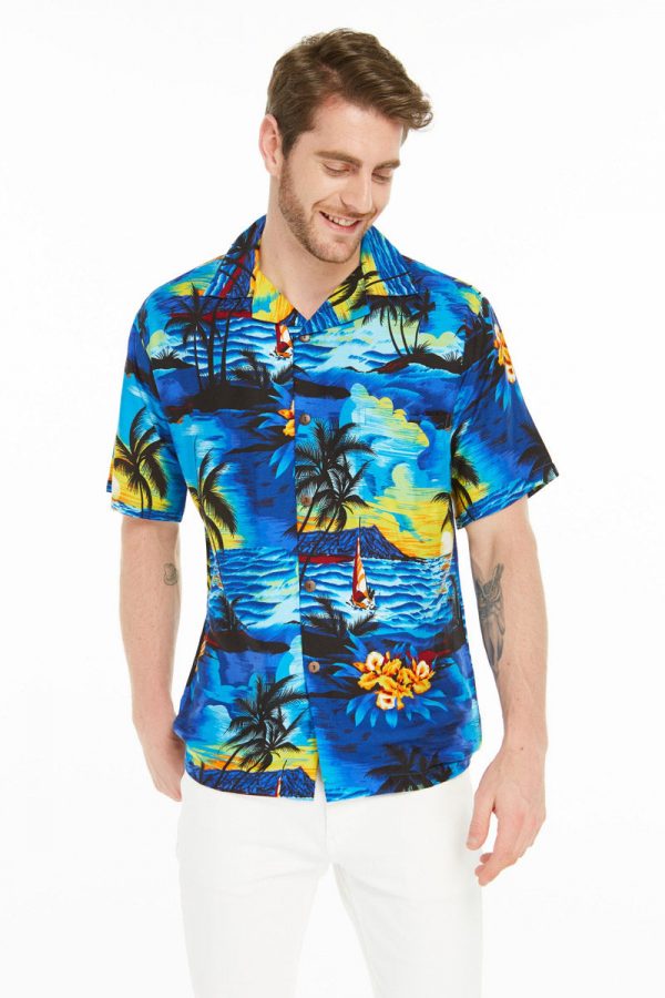 Men's Hawaiian Shirt - Polyester Sunset Blue Aloha Print Shirt - Image 5