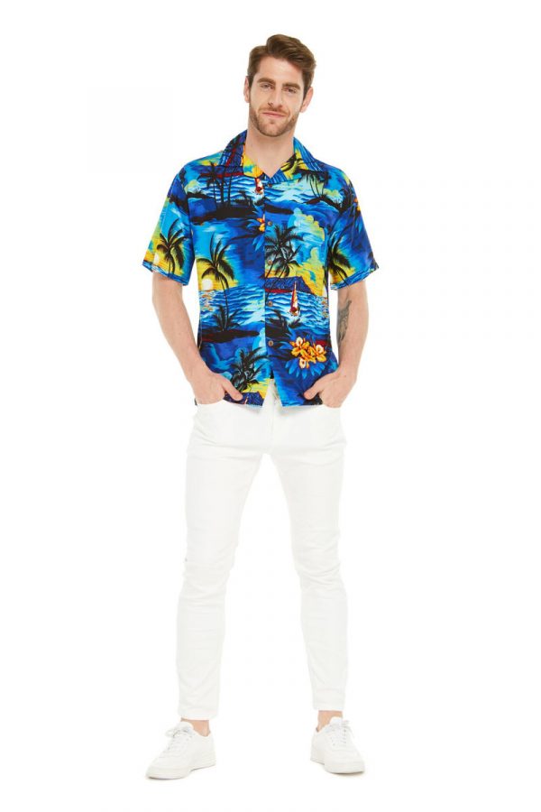Men's Hawaiian Shirt - Polyester Sunset Blue Aloha Print Shirt - Image 6