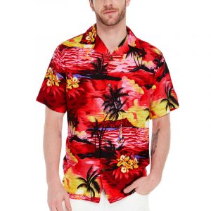 Men's Hawaiian Shirt - Polyester Sunset Red Aloha Print Shirt