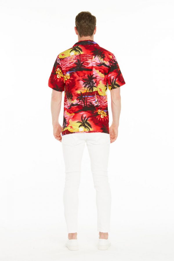 Men's Hawaiian Shirt - Polyester Sunset Red Aloha Print Shirt - Image 2