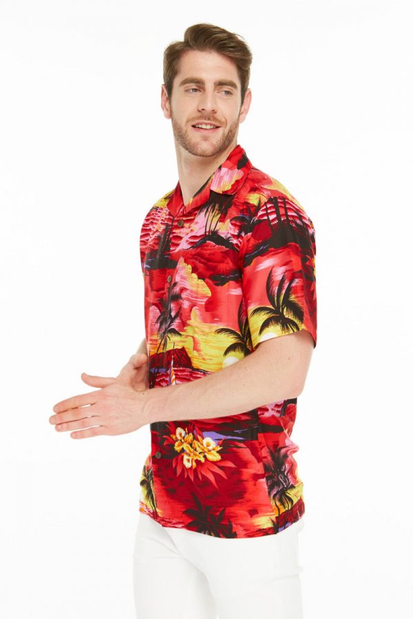 Men's Hawaiian Shirt - Polyester Sunset Red Aloha Print Shirt - Image 3