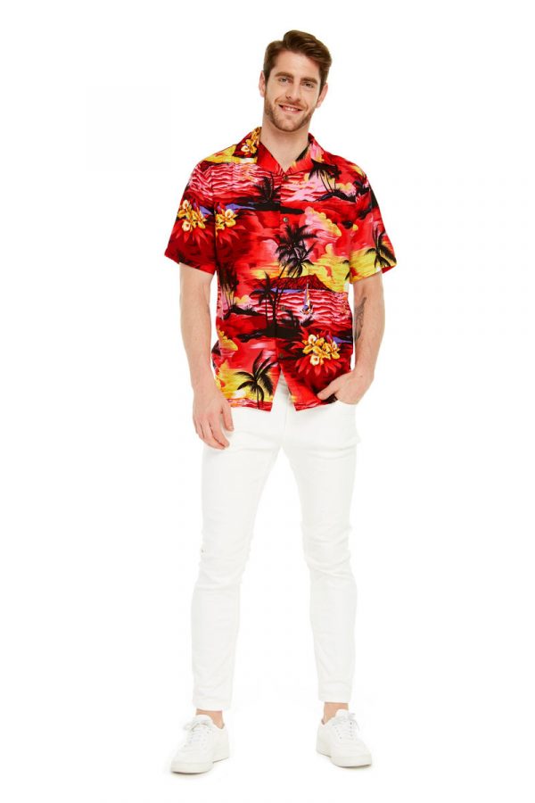 Men's Hawaiian Shirt - Polyester Sunset Red Aloha Print Shirt - Image 4