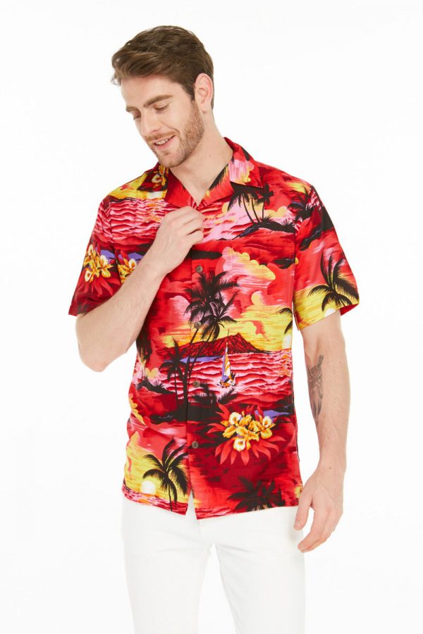 Men's Hawaiian Shirt - Polyester Sunset Red Aloha Print Shirt - Image 5