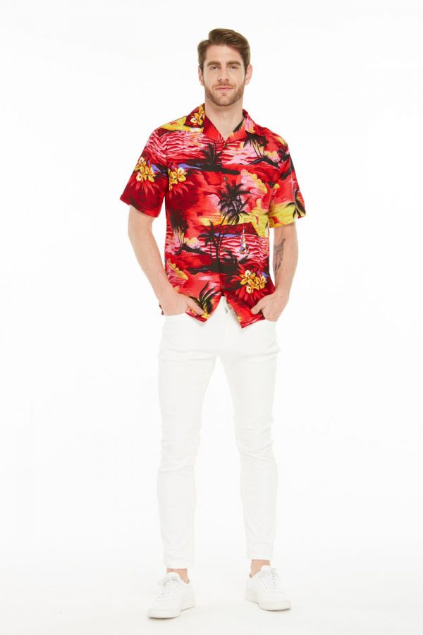 Men's Hawaiian Shirt - Polyester Sunset Red Aloha Print Shirt - Image 6