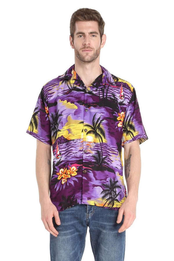 Men's Hawaiian Shirt - Polyester Sunset Purple Aloha Print Shirt