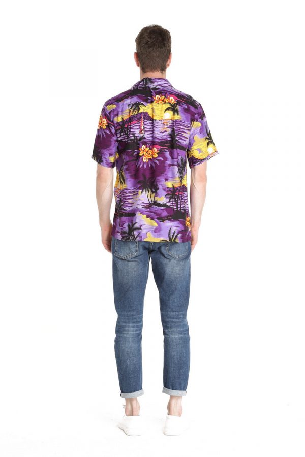 Men's Hawaiian Shirt - Polyester Sunset Purple Aloha Print Shirt - Image 2