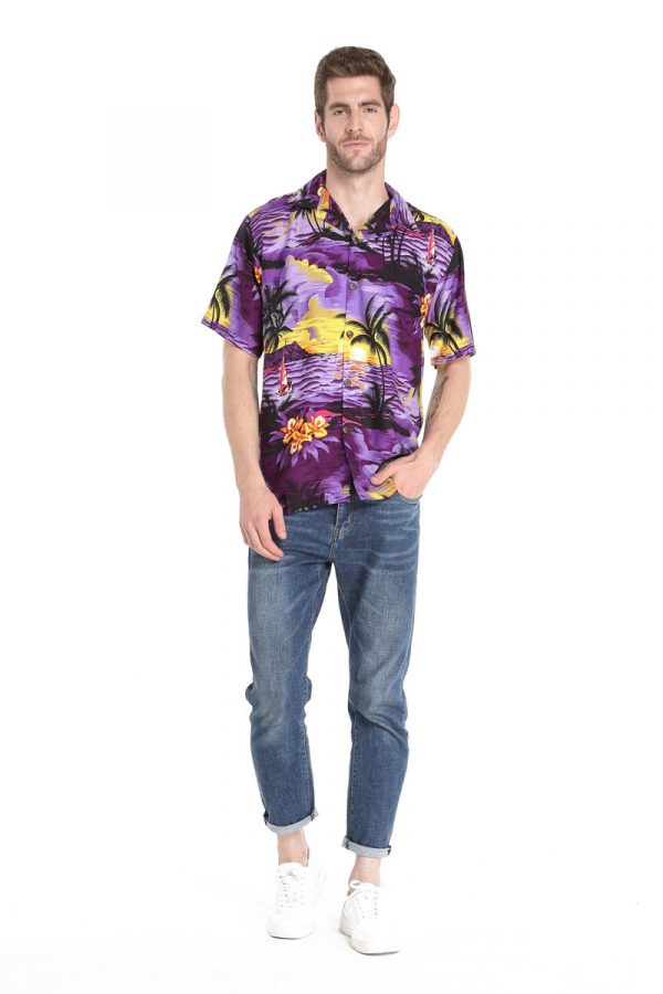 Men's Hawaiian Shirt - Polyester Sunset Purple Aloha Print Shirt - Image 3