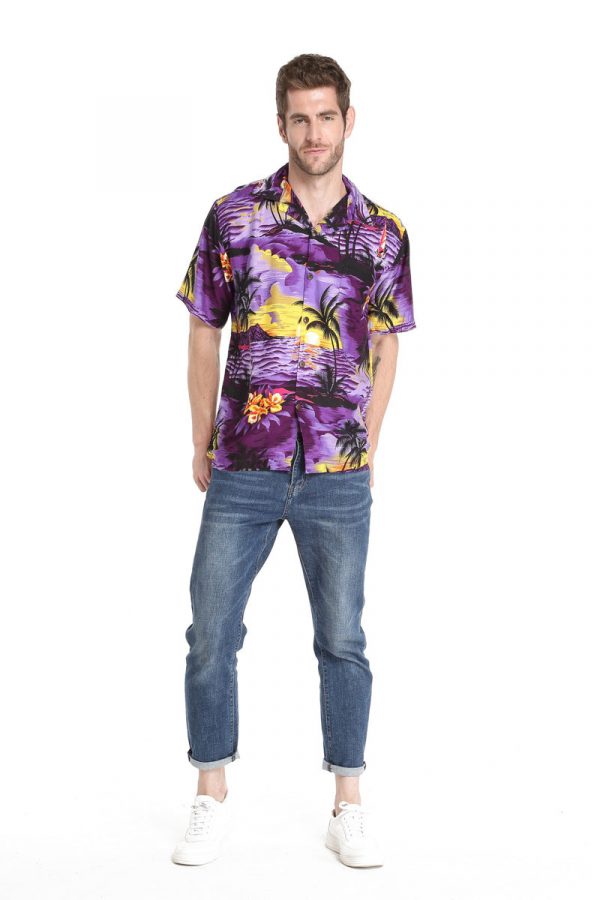 Men's Hawaiian Shirt - Polyester Sunset Purple Aloha Print Shirt - Image 4
