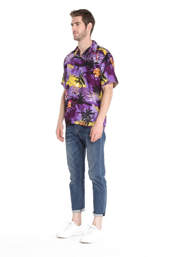 Men's Hawaiian Shirt - Polyester Sunset Purple Aloha Print Shirt - Image 5