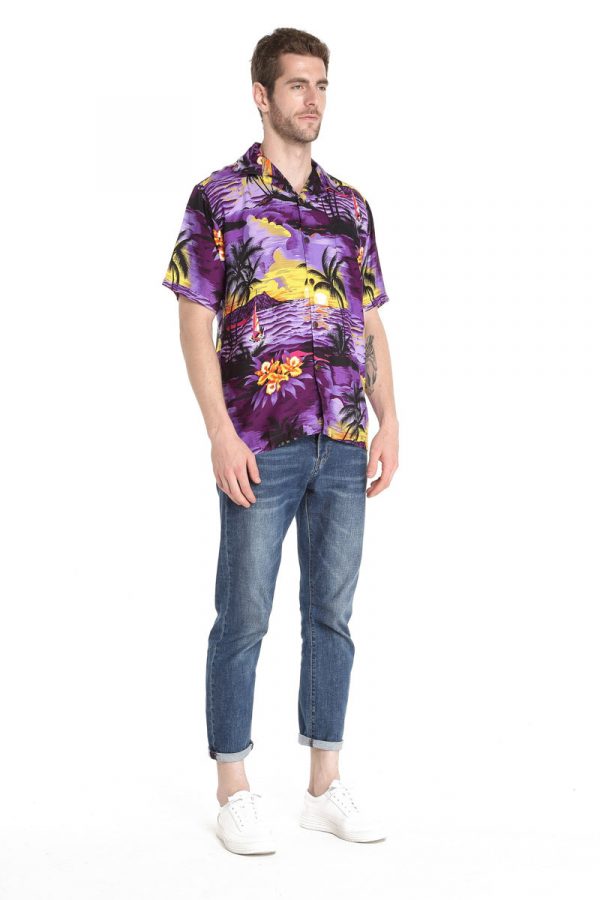 Men's Hawaiian Shirt - Polyester Sunset Purple Aloha Print Shirt - Image 6