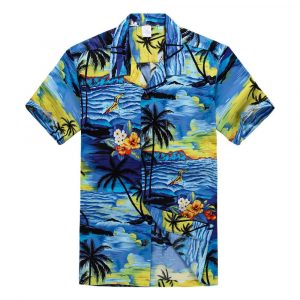 Men's Hawaiian Shirt - Polyester Blue Sunset Aloha Print Shirt