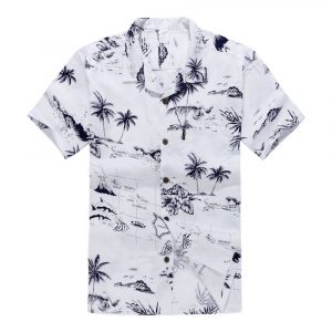 Men's Hawaiian Shirt - Polyester White Map Aloha Print Shirt
