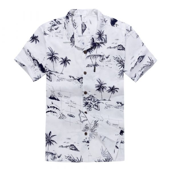 Men's Hawaiian Shirt - Polyester White Map Aloha Print Shirt