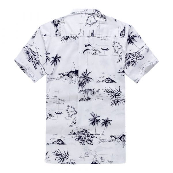 Men's Hawaiian Shirt - Polyester White Map Aloha Print Shirt - Image 2