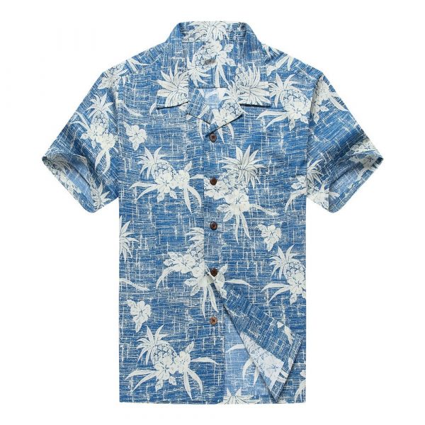 Men's Hawaiian Shirt - Polyester Pineapple Blue Aloha Print Shirt