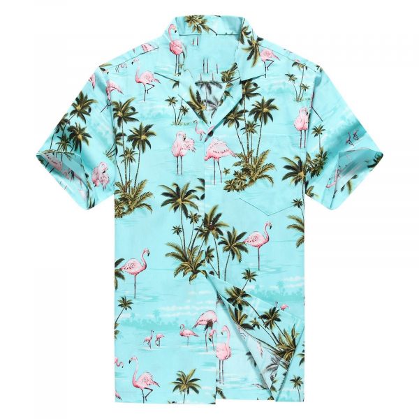 Men's Hawaiian Shirt - Polyester Flamingo All Over Turquoise Aloha Print Shirt, Made in Hawaii - Image 2