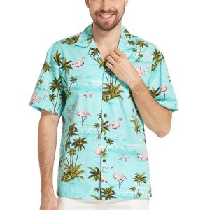 Men's Hawaiian Shirt - Polyester Flamingo All Over Turquoise Aloha Print Shirt, Made in Hawaii