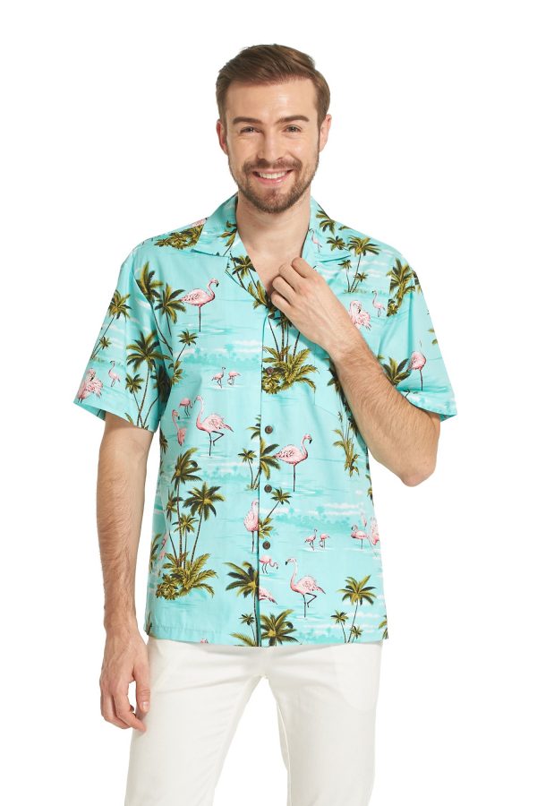 Men's Hawaiian Shirt - Polyester Flamingo All Over Turquoise Aloha Print Shirt, Made in Hawaii
