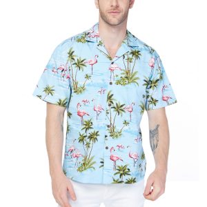 Men's Hawaiian Shirt - Polyester Flamingo All Over Blue Aloha Print Shirt, Made in Hawaii