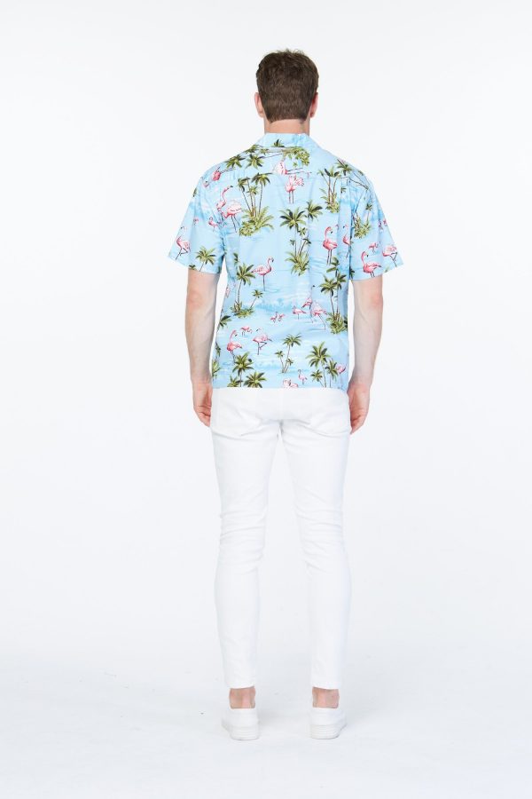 Men's Hawaiian Shirt - Polyester Flamingo All Over Blue Aloha Print Shirt, Made in Hawaii - Image 2