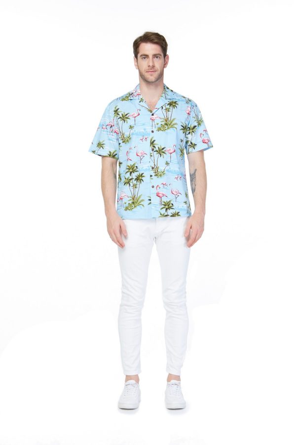 Men's Hawaiian Shirt - Polyester Flamingo All Over Blue Aloha Print Shirt, Made in Hawaii - Image 3