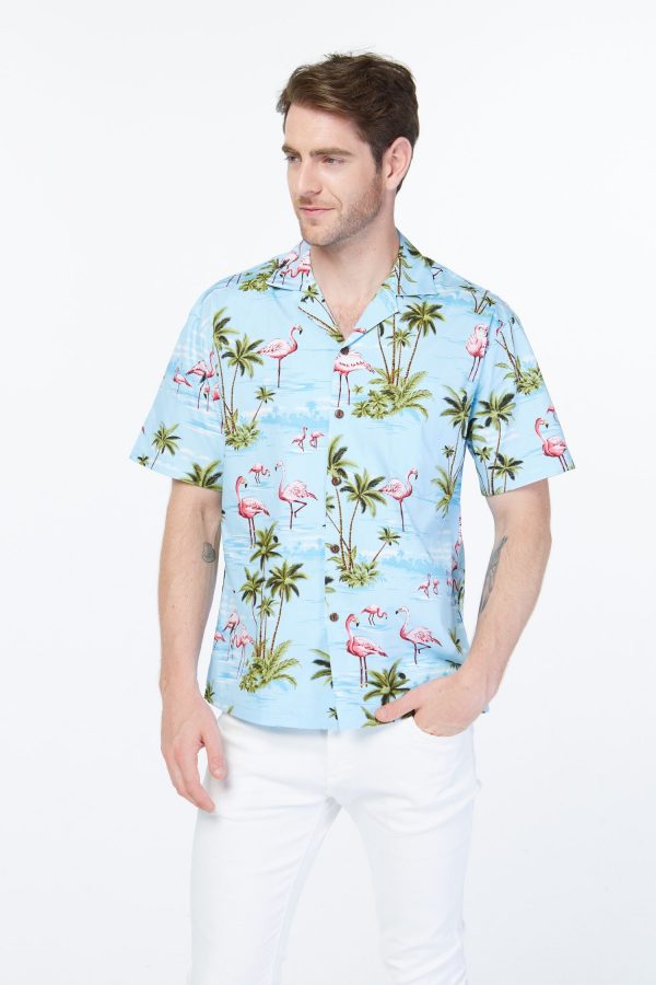 Men's Hawaiian Shirt - Polyester Flamingo All Over Blue Aloha Print Shirt, Made in Hawaii - Image 4