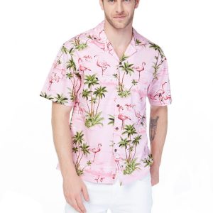 Men's Hawaiian Shirt - Polyester Flamingo All Over Pink Aloha Print Shirt