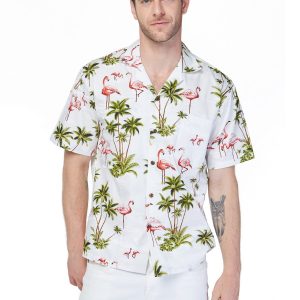 Men's Hawaiian Shirt - Polyester Flamingo All Over White Aloha Print Shirt, Made in Hawaii