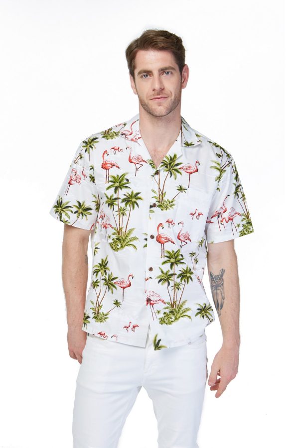 Men's Hawaiian Shirt - Polyester Flamingo All Over White Aloha Print Shirt, Made in Hawaii
