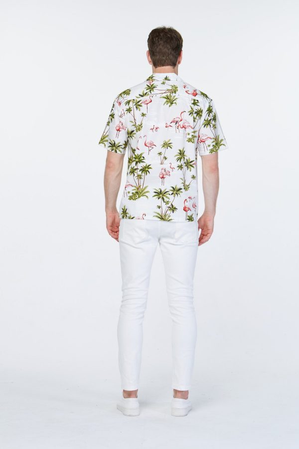 Men's Hawaiian Shirt - Polyester Flamingo All Over White Aloha Print Shirt, Made in Hawaii - Image 2