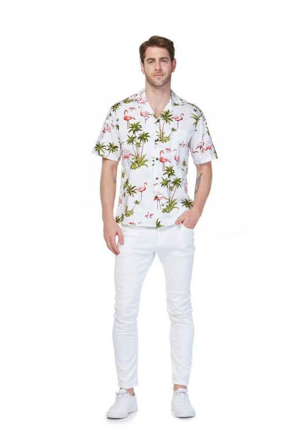 Men's Hawaiian Shirt - Polyester Flamingo All Over White Aloha Print Shirt, Made in Hawaii - Image 3
