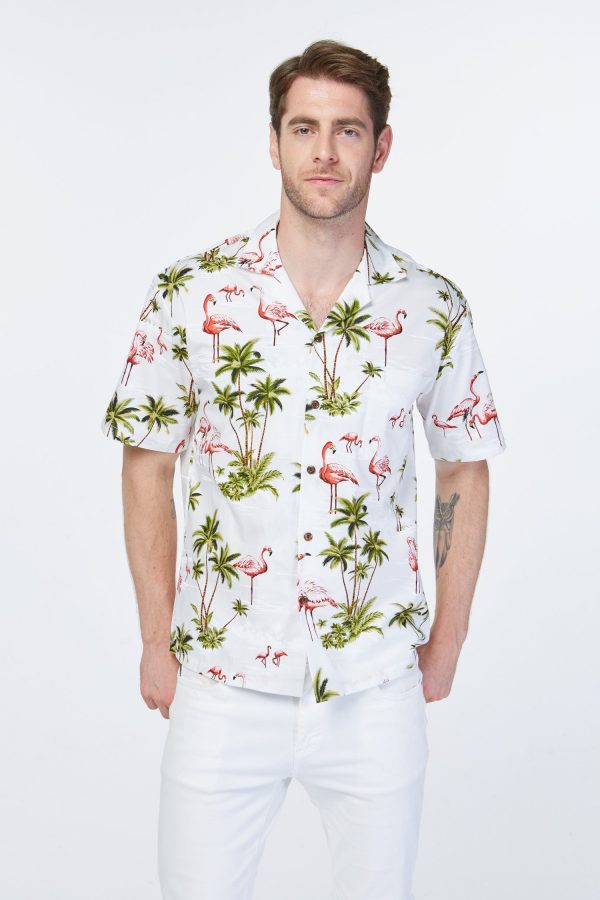 Men's Hawaiian Shirt - Polyester Flamingo All Over White Aloha Print Shirt, Made in Hawaii - Image 4