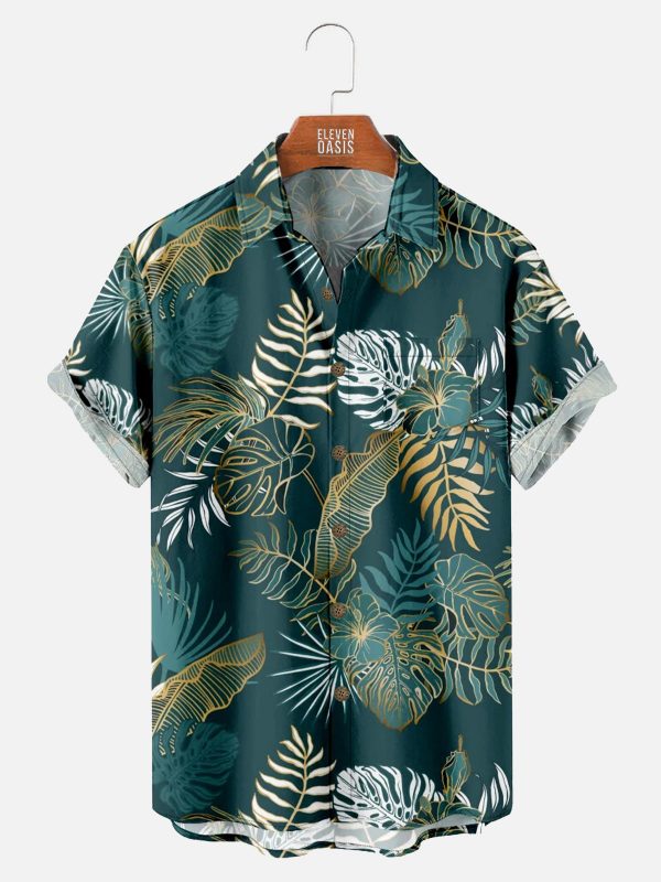Men's Hawaiian Shirt - Golden Green Tropical Foliage Leaf Print Polyester Casual Summer Shirt