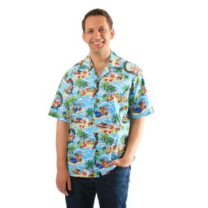 Men's Hawaiian Shirt - Polyester Santa Blue Aloha Print Shirt, Made in Hawaii