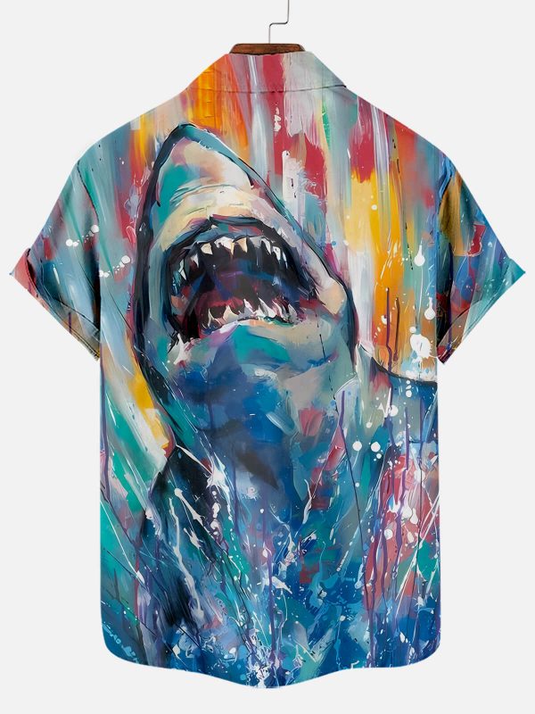 Men's Hawaiian Shirt - Shark Oil Painting Pattern Ocean-Inspired Polyester Summer Shirt - Image 2