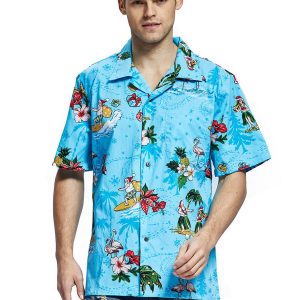Men's Hawaiian Shirt - Polyester Christmas Santa Turquoise Aloha Print Shirt