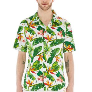 Men's Hawaiian Shirt - Polyester Bird of Paradise White Aloha Print Shirt